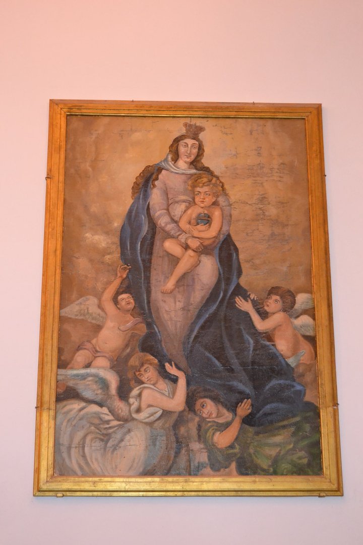 Toile à l'huile avec l'image de la Vierge à l'Enfant entourée d'anges